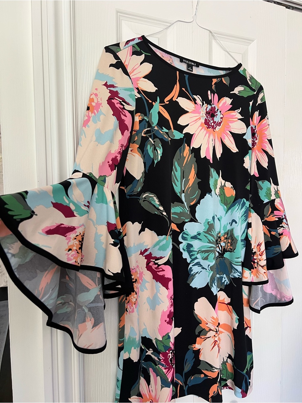 Roz & Ali Black Floral Bell Sleeve Dress with Teal and Pink Flowers